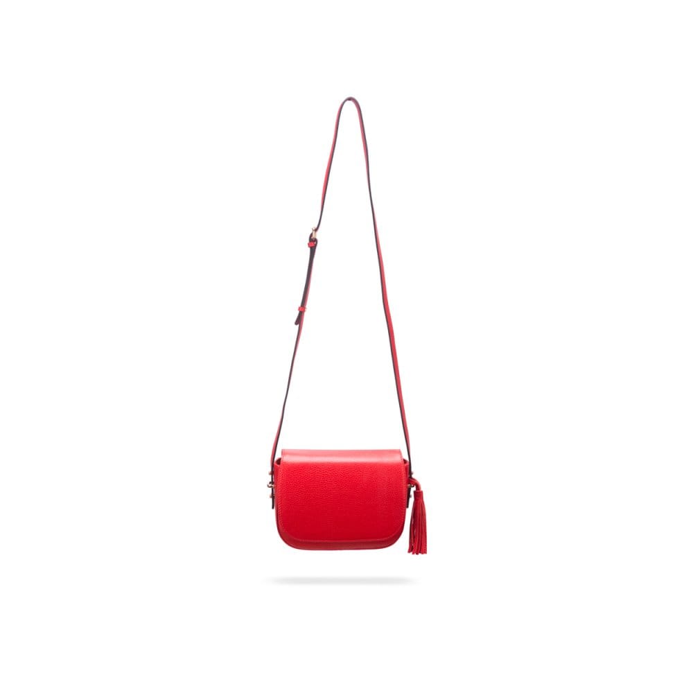 Leather saddle bag, red, with long shoulder strap