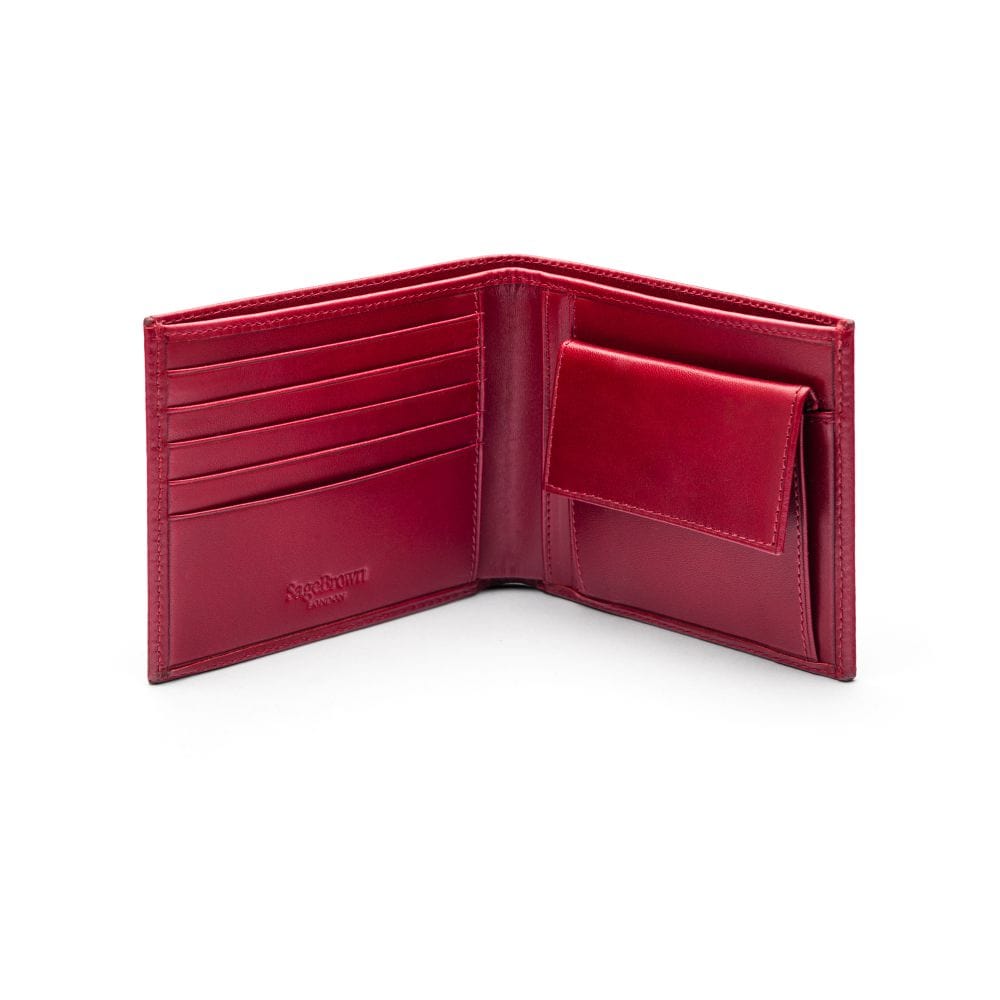 Leather wallet with coin purse, red, open