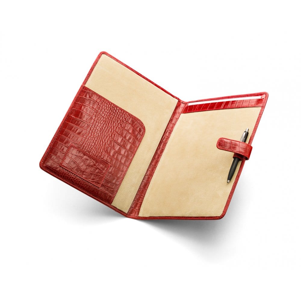 Leather conference folder, red croc, open