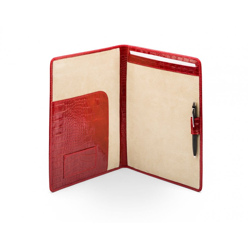 A4 leather document folder, red croc, open
