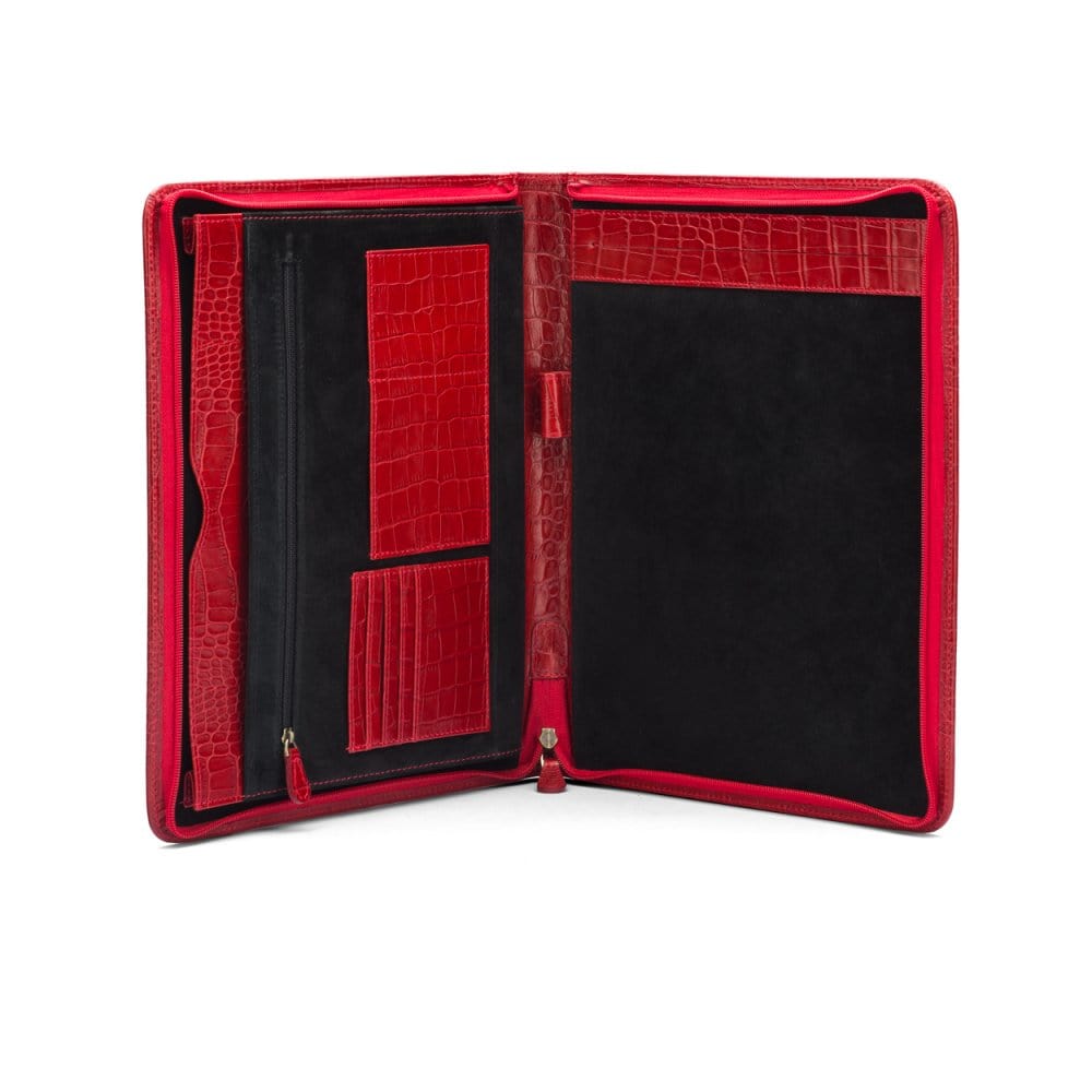 A4 leather notepad folder, red croc, open