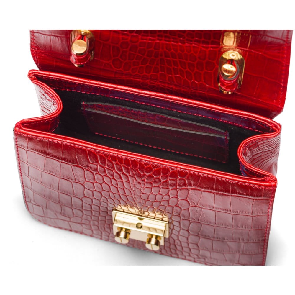 Small leather top handle bag, red croc, inside