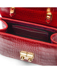 Small leather top handle bag, red croc, inside