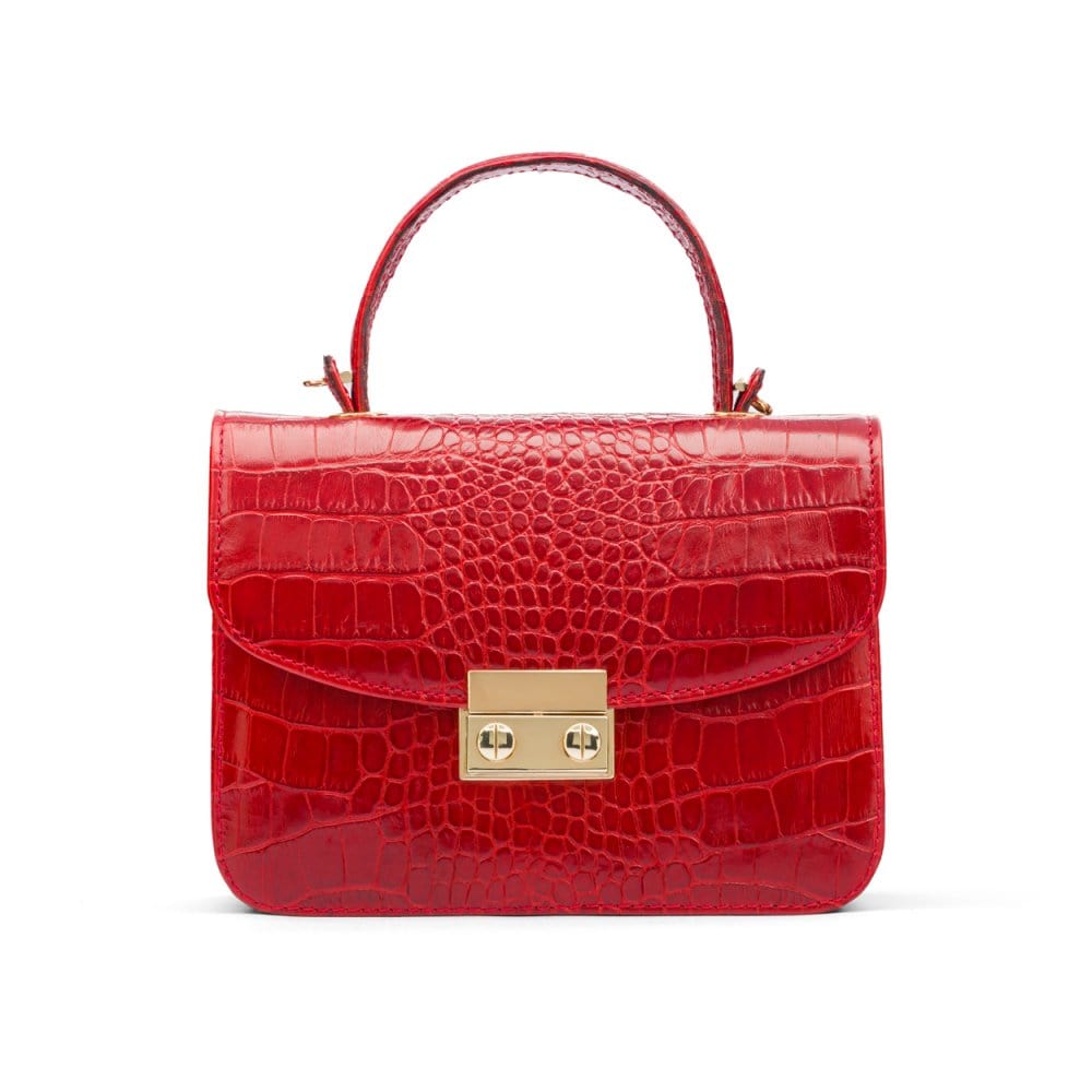 Small leather top handle bag, red croc, front