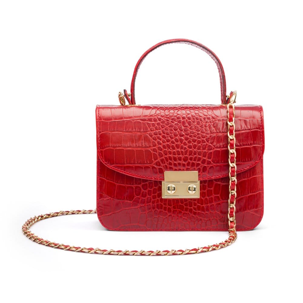 Small leather top handle bag, red croc, with chain strap