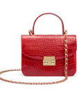 Small leather top handle bag, red croc, with chain strap