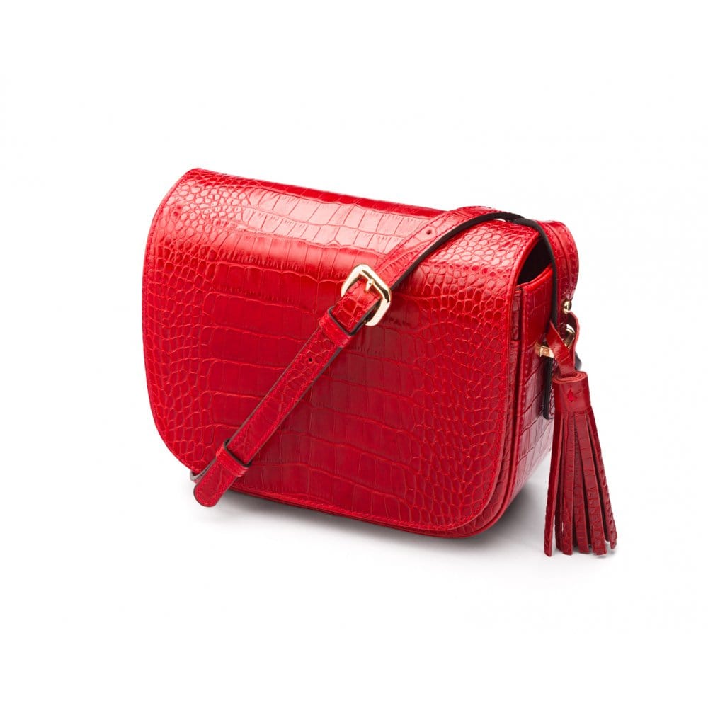 Leather saddle bag, red croc, side