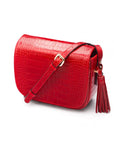 Leather saddle bag, red croc, side