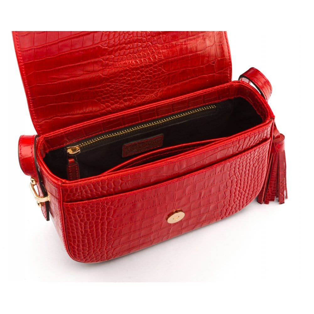 Leather saddle bag, red croc, inside