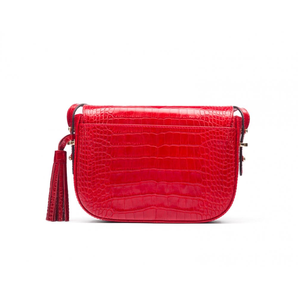 Leather saddle bag, red croc, back