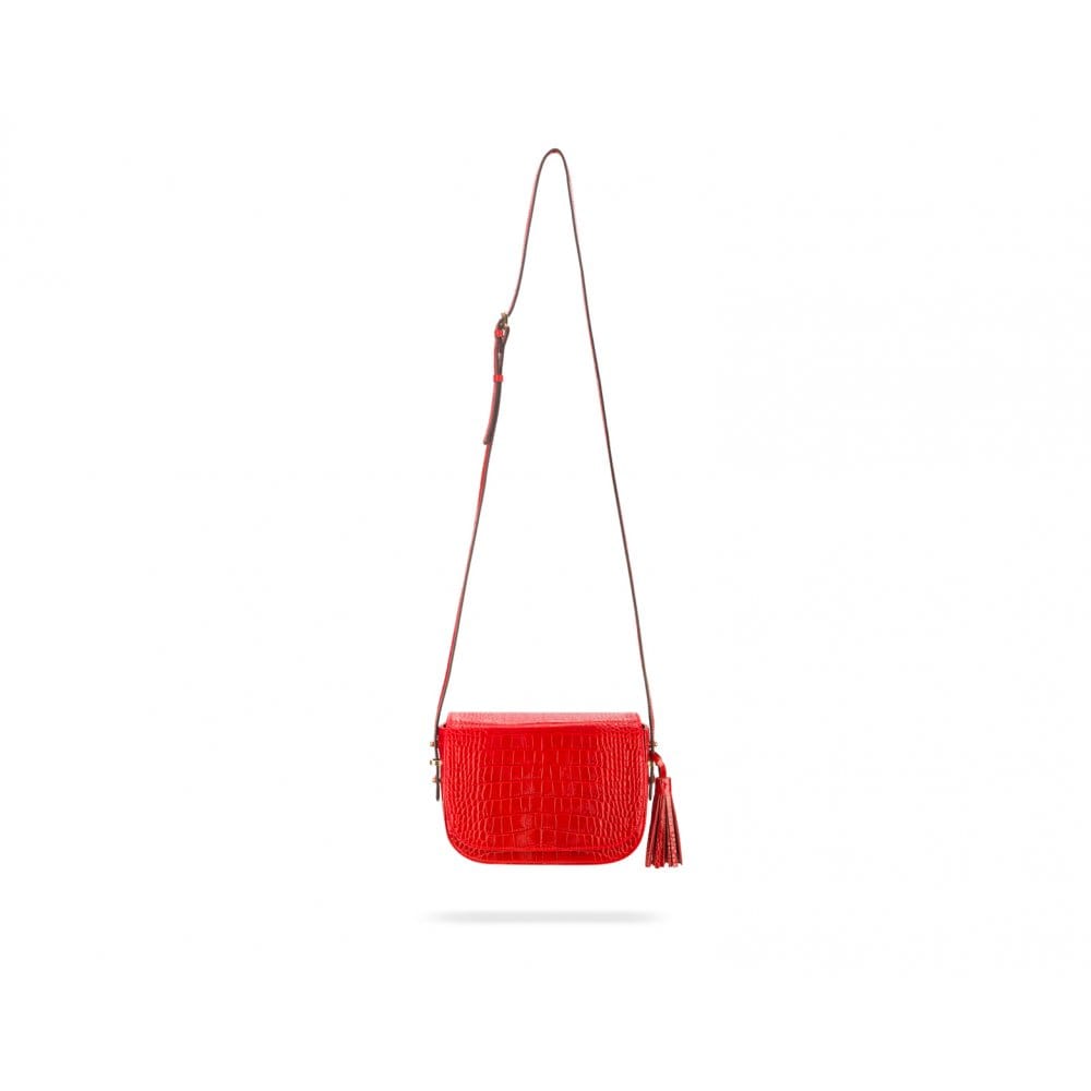 Leather saddle bag, red croc, with long shoulder strap