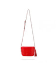 Leather saddle bag, red croc, with long shoulder strap