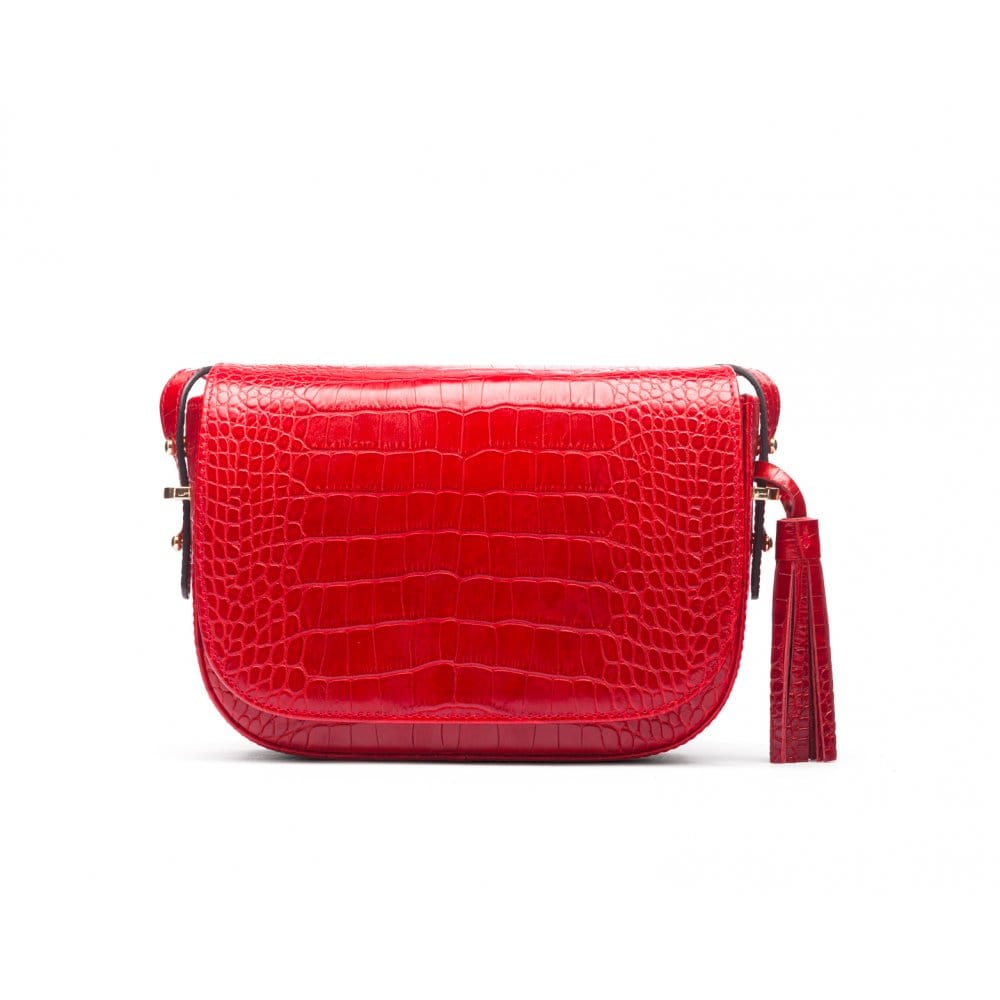 Leather saddle bag, red croc, front