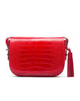 Leather saddle bag, red croc, front