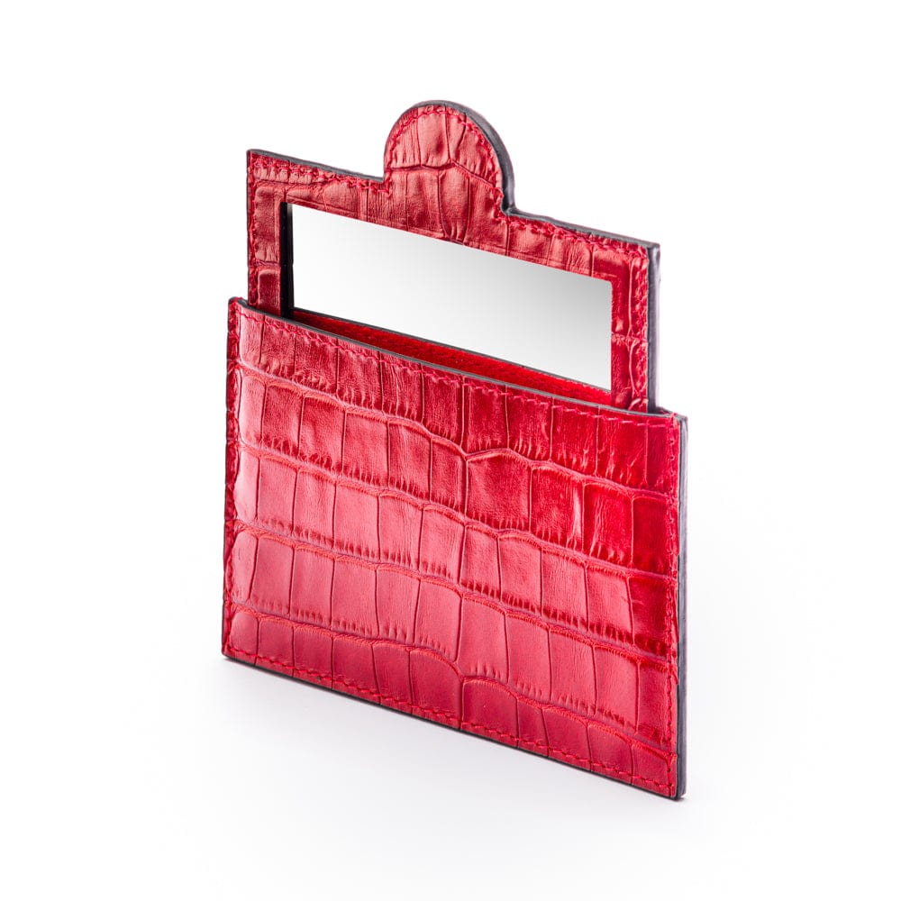 Compact leather mirror, red croc, side