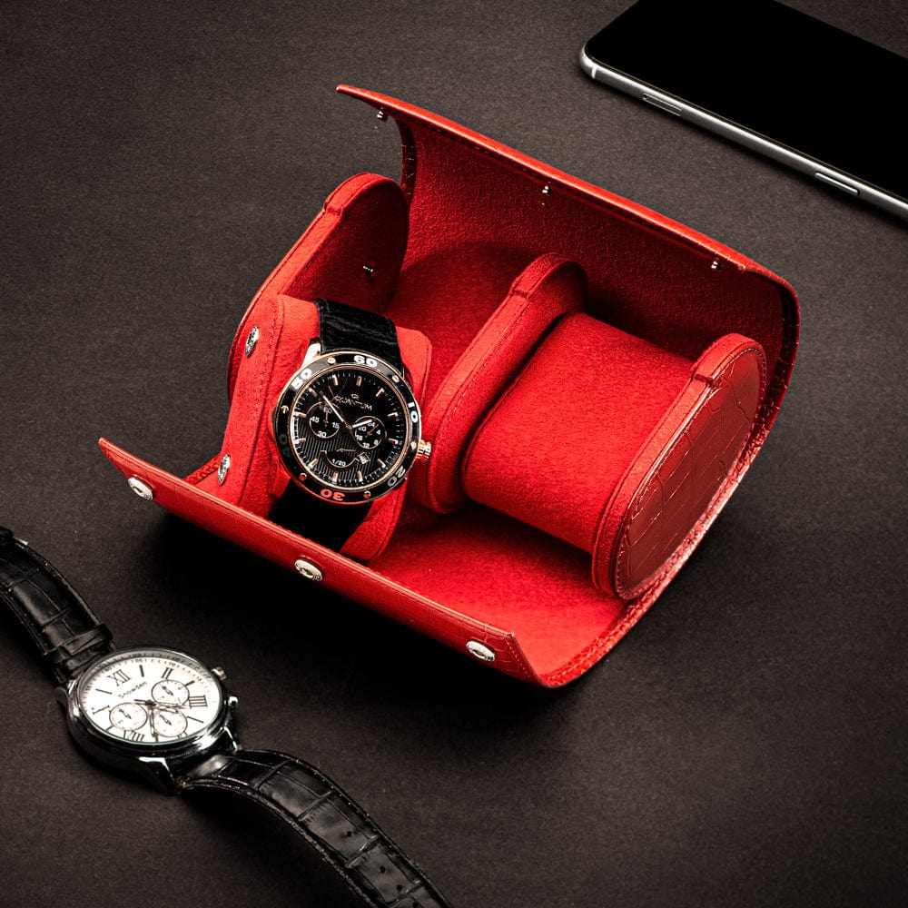 Double watch roll, red croc, lifestyle