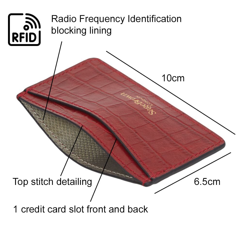 RFID Flat Leather Card Holder, red croc, features