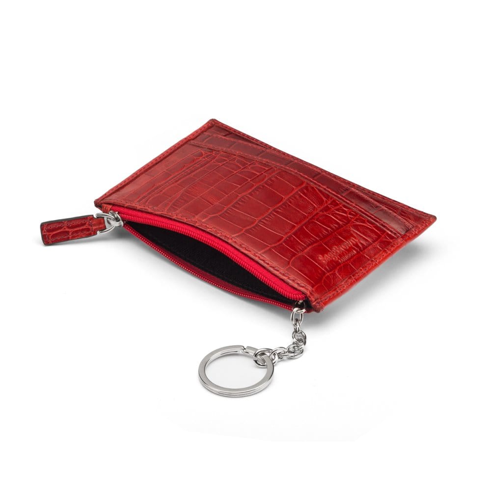 Flat leather card wallet with jotter and zip, red croc, open