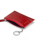 Flat leather card wallet with jotter and zip, red croc, open