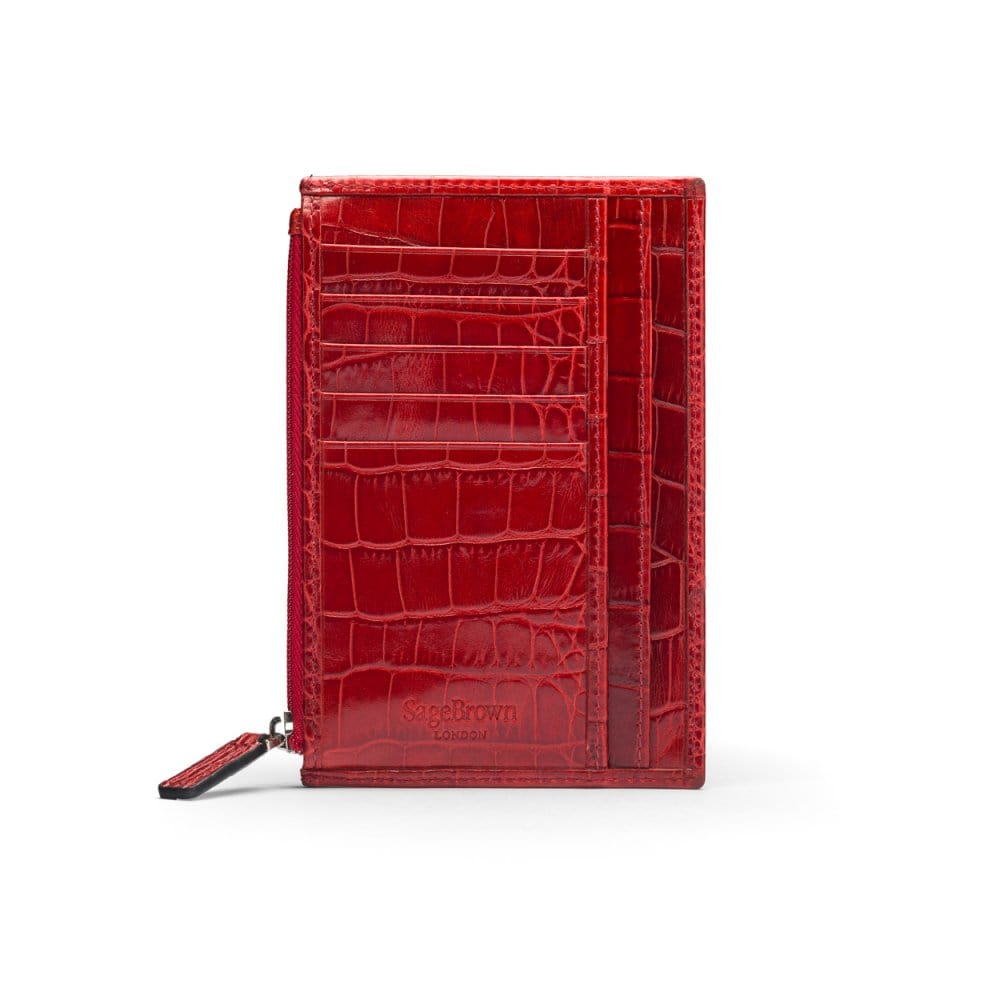 Flat leather card wallet with jotter and zip, red croc, back