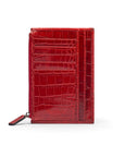 Flat leather card wallet with jotter and zip, red croc, back