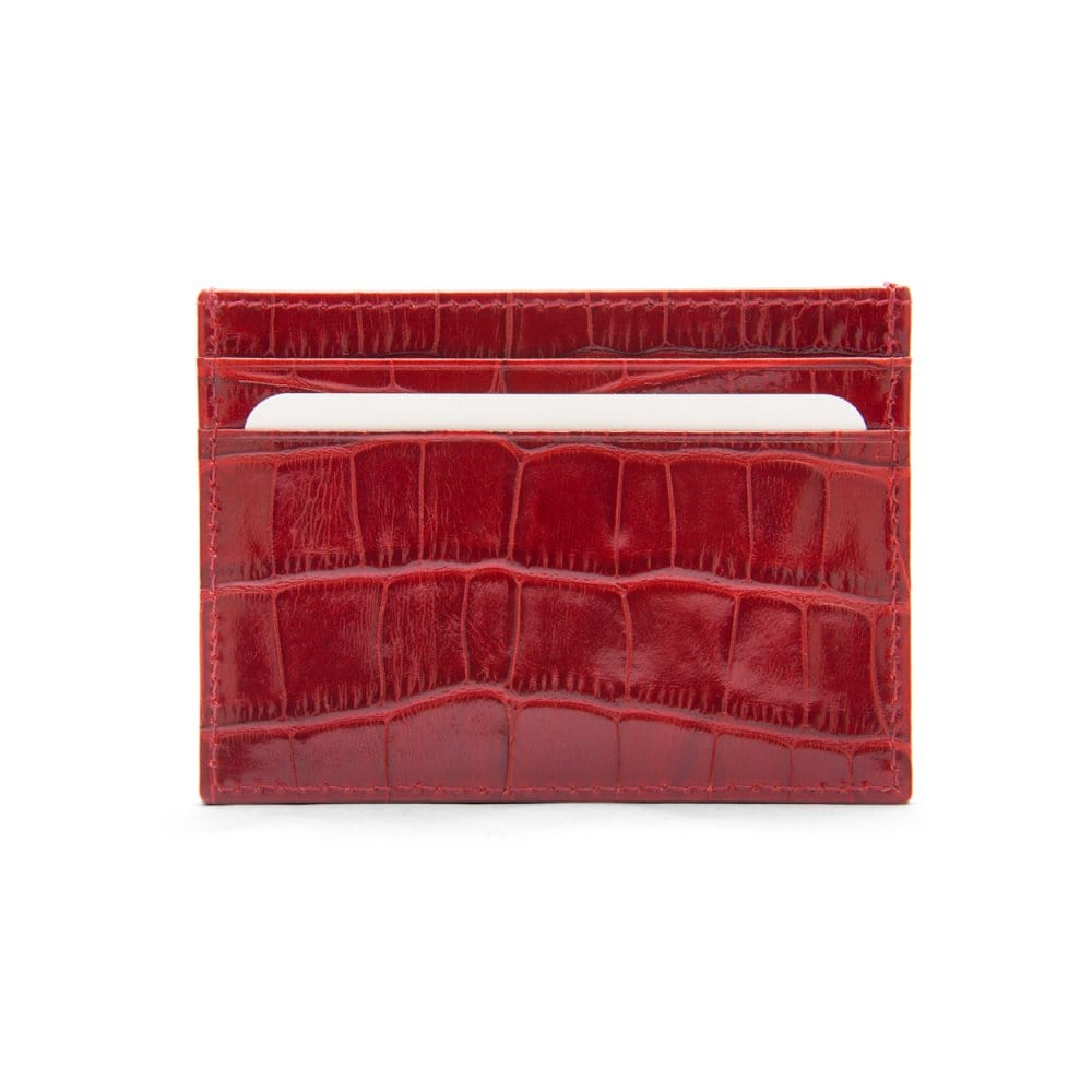 Flat leather credit card wallet 4 CC, red croc, front