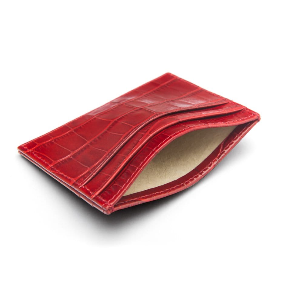 Flat leather credit card wallet 4 CC, red croc, inside