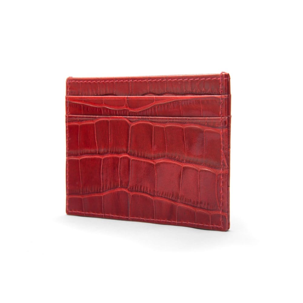 Flat leather credit card wallet 4 CC, red croc, side