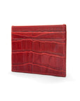 Flat leather credit card wallet 4 CC, red croc, side