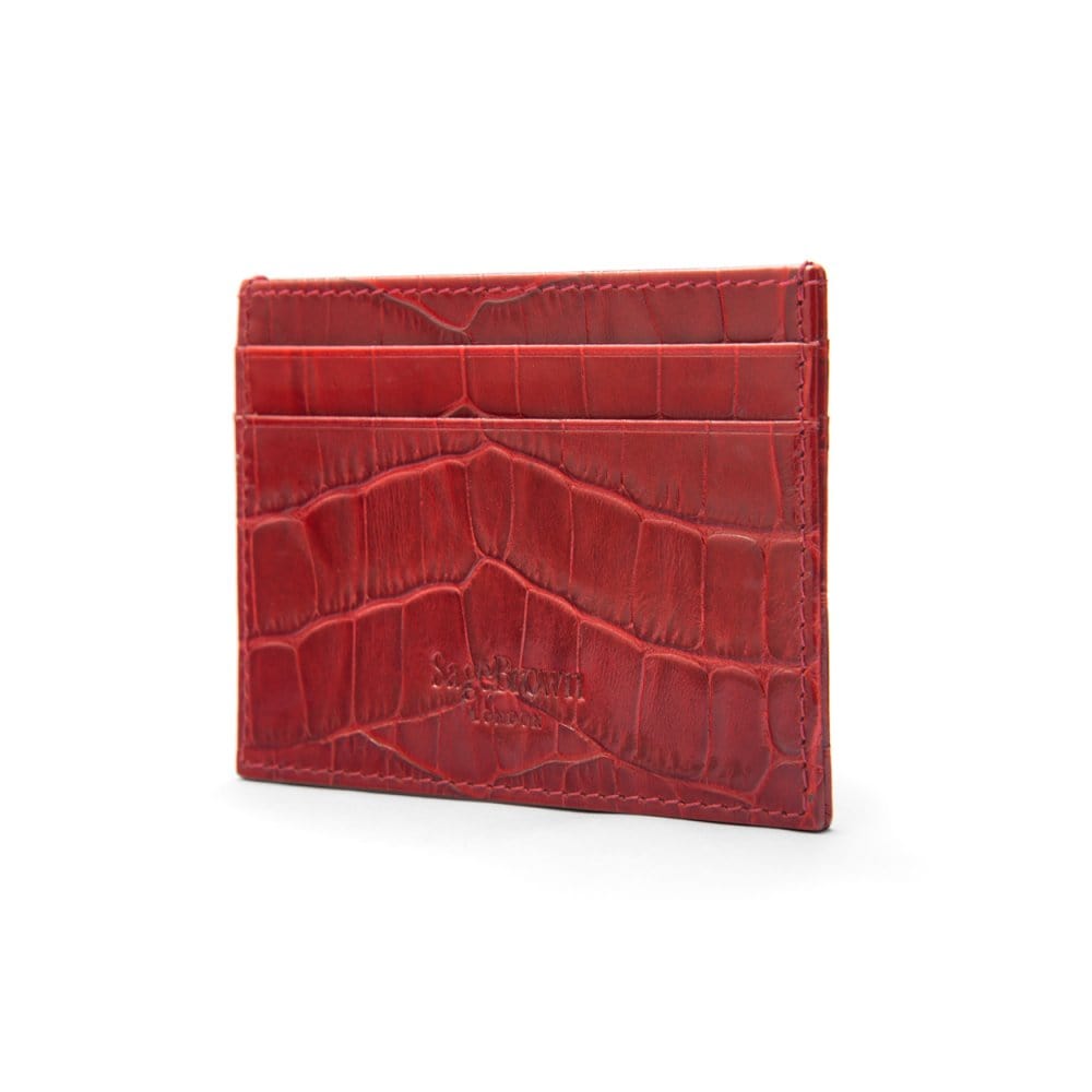 Flat leather credit card wallet 4 CC, red croc, back