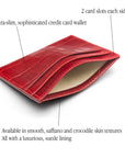 Flat leather credit card wallet 4 CC, red croc, features