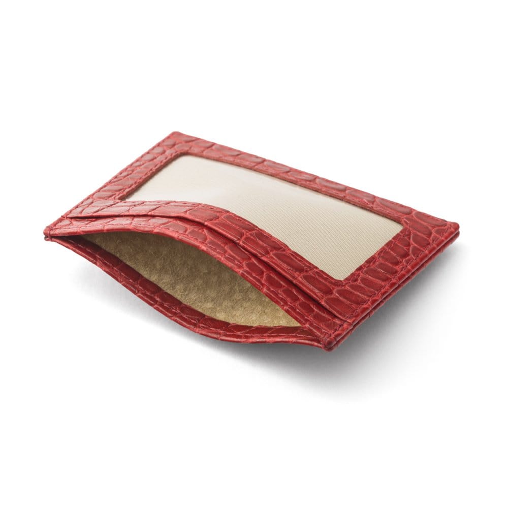 Flat leather card wallet with ID window, red croc, inside