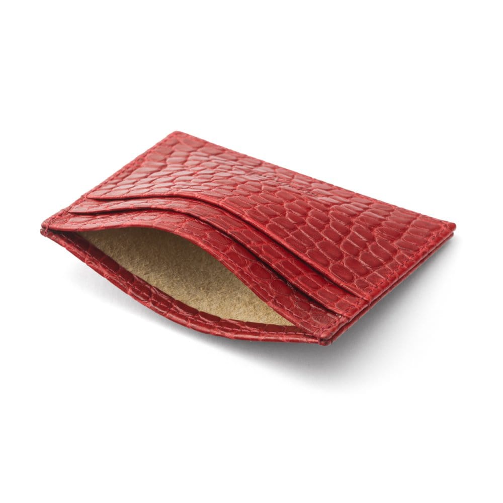 Flat leather card wallet with ID window, red croc, back