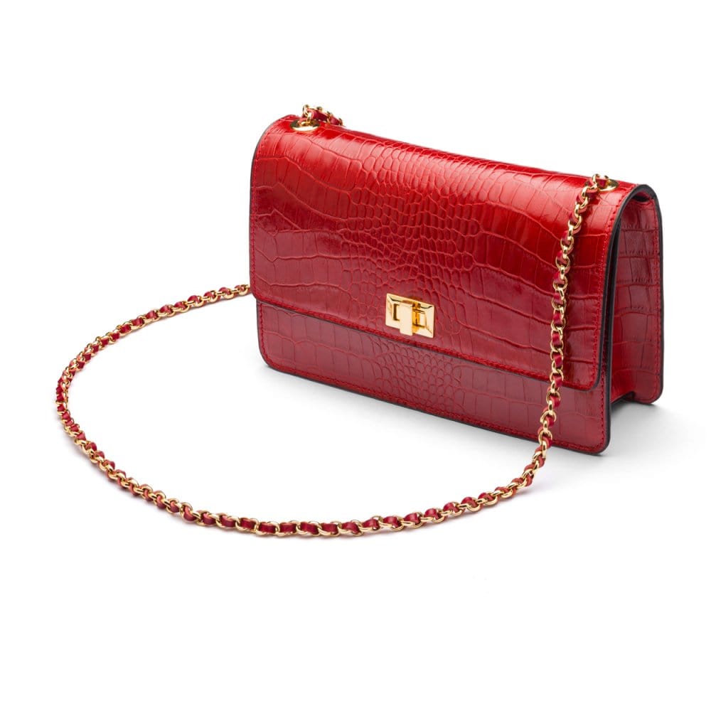 Leather chain bag, red croc, side view