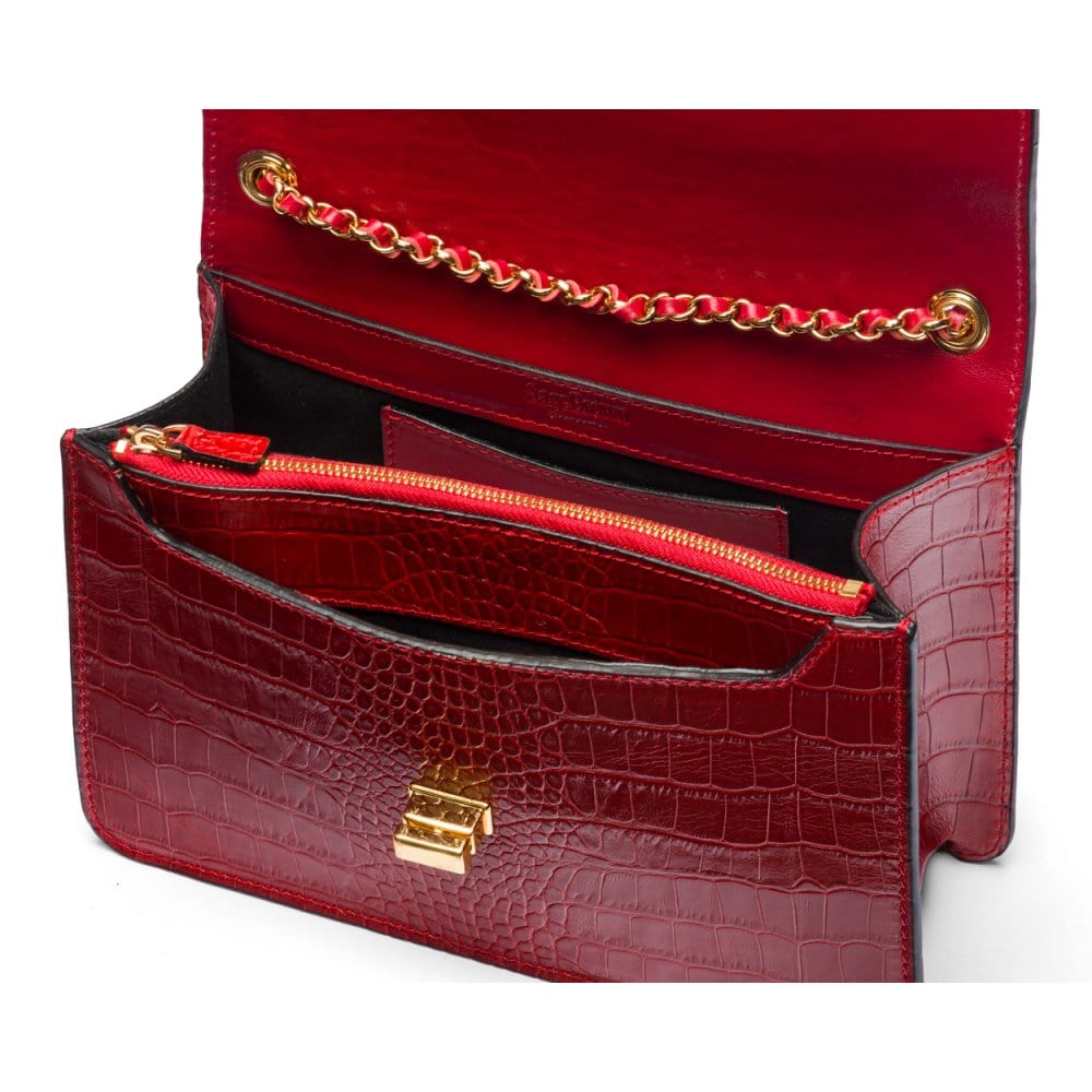 Leather chain bag, red croc, inside view