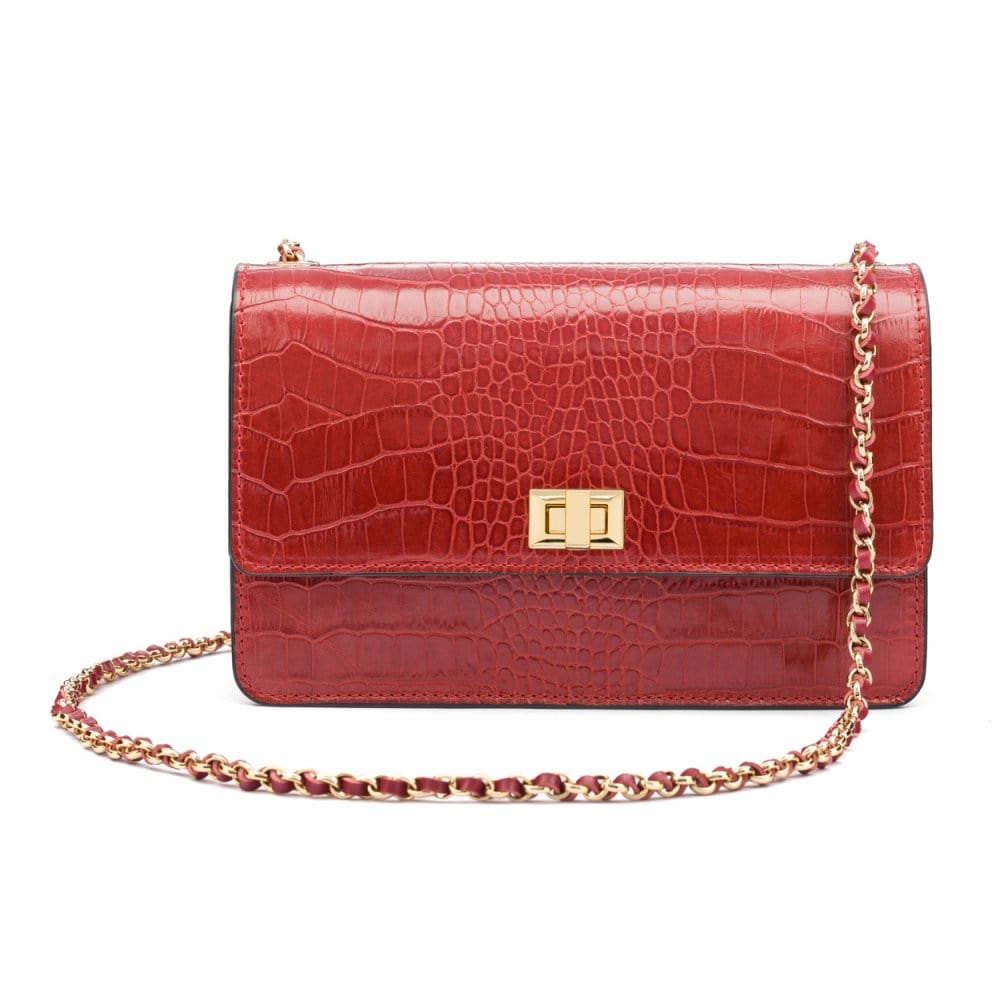 Leather chain bag, red croc, front view