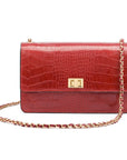 Leather chain bag, red croc, front view