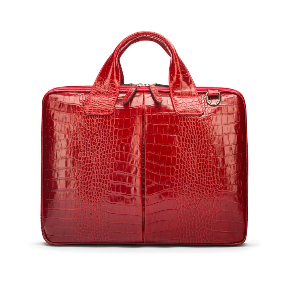 Leather 13&quot; laptop briefcase, red croc, front