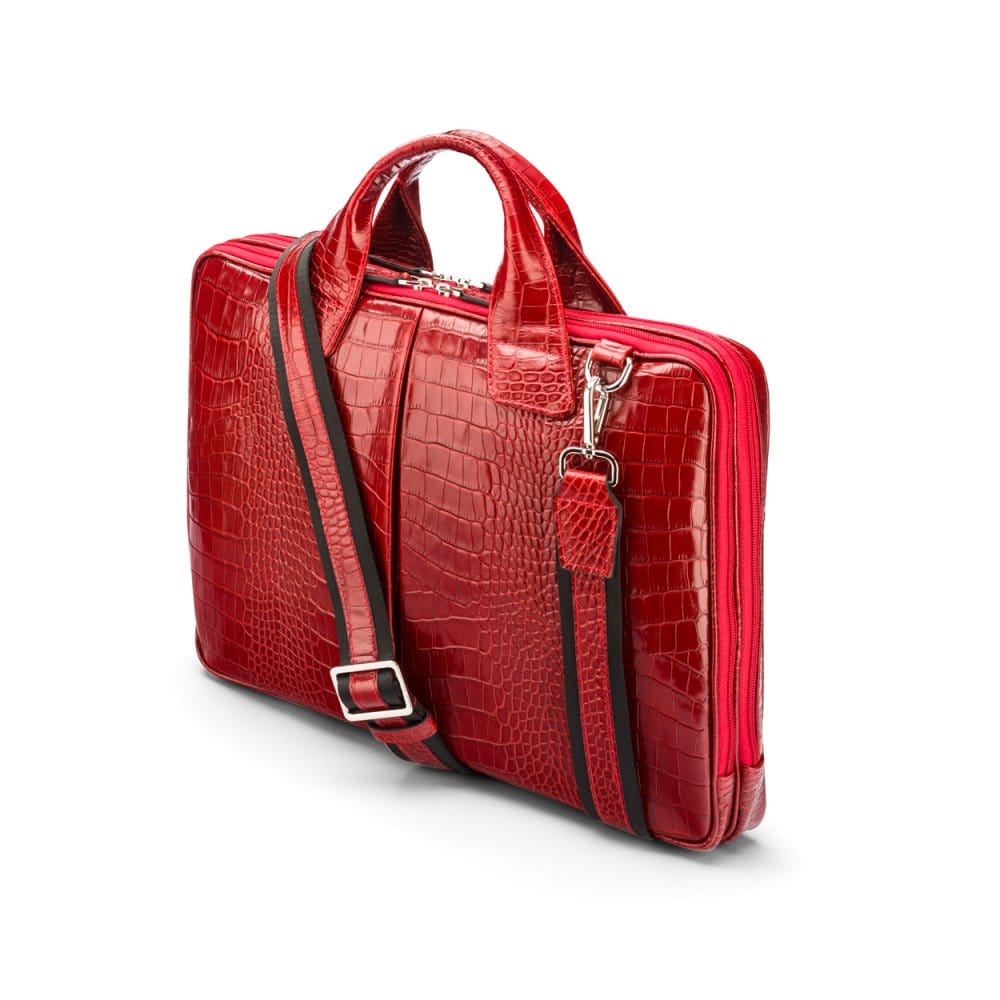 Leather 13" laptop briefcase, red croc, side