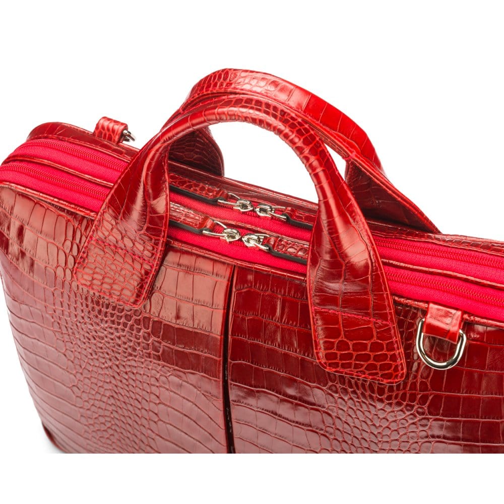 Leather 13" laptop briefcase, red croc, zip closure
