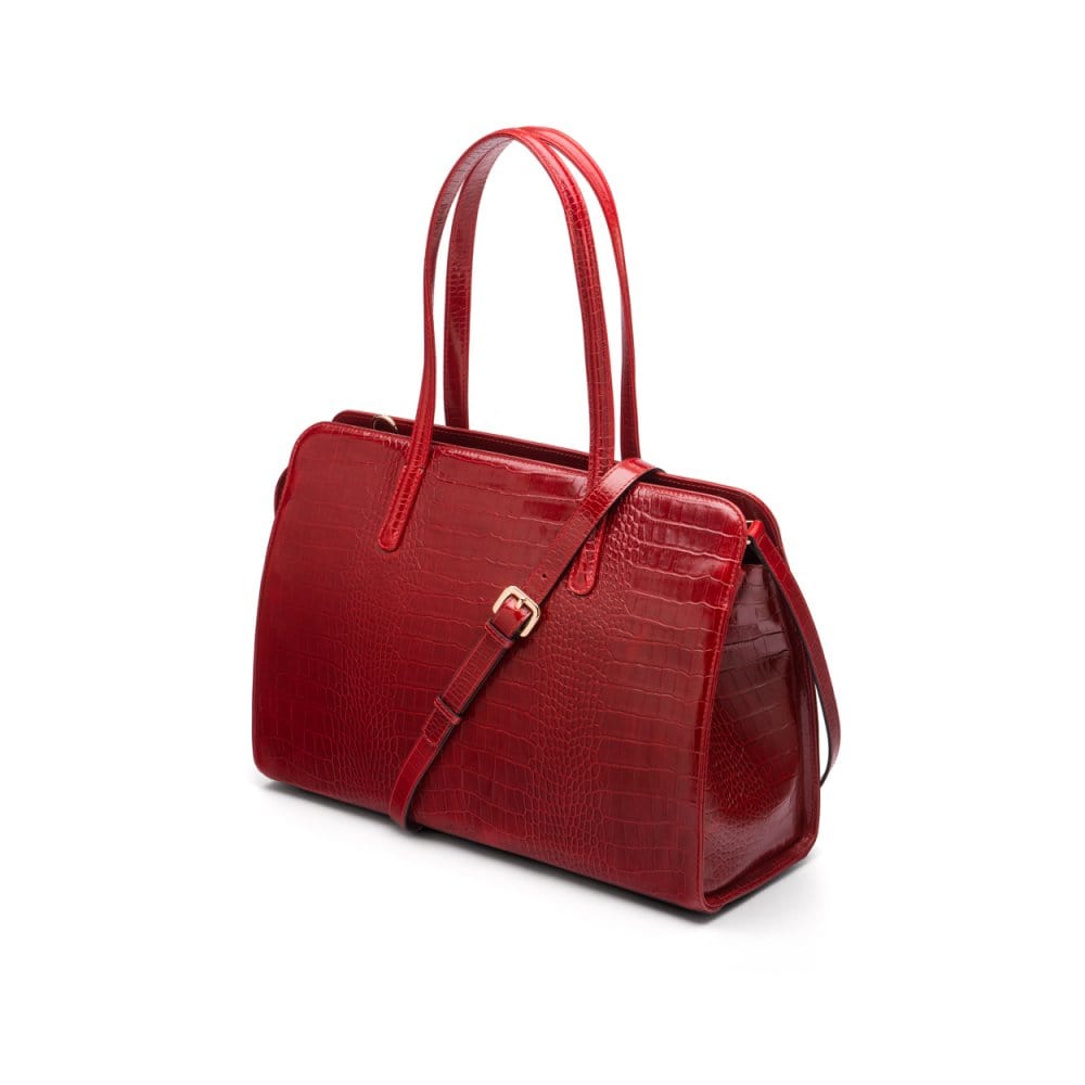 Ladies' leather 15" laptop handbag, red croc, with shoulder strap
