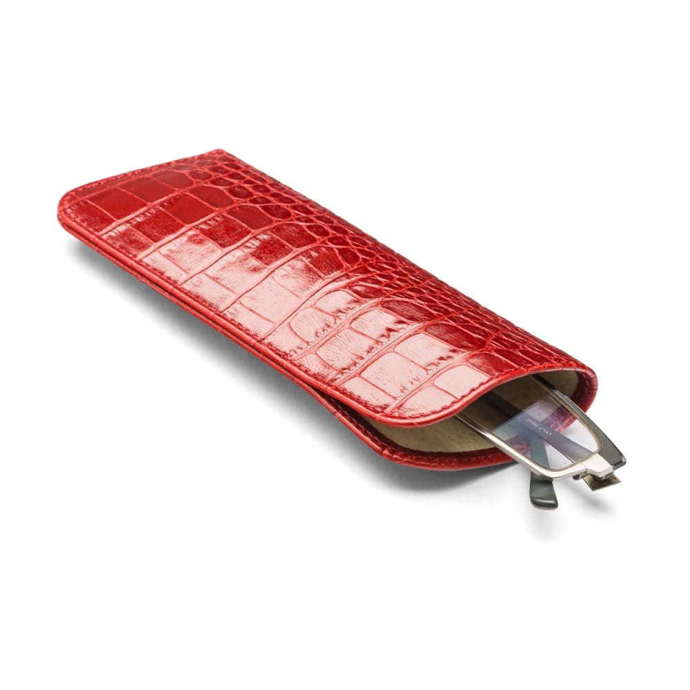 Large leather glasses case, red croc, open