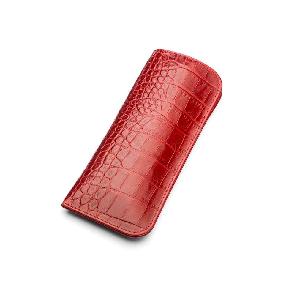Large leather glasses case, red croc, front