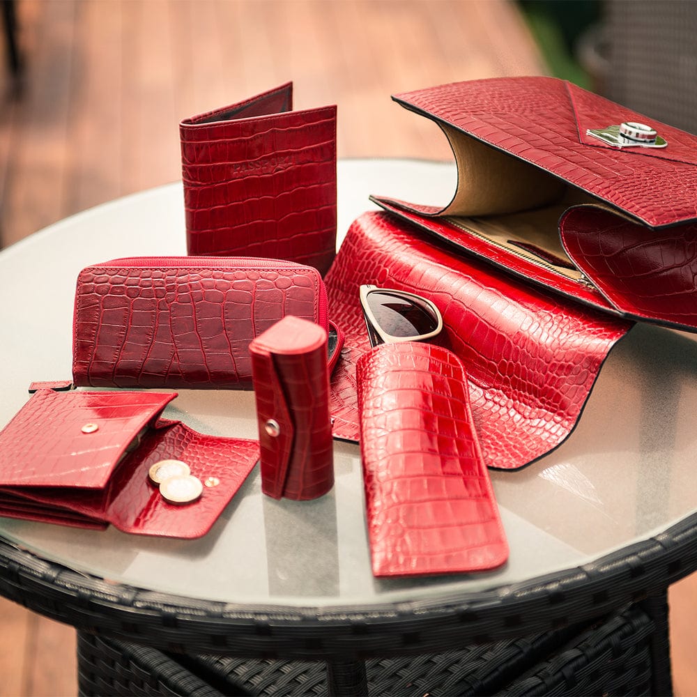 large leather glasses case, red croc, with matching accessories