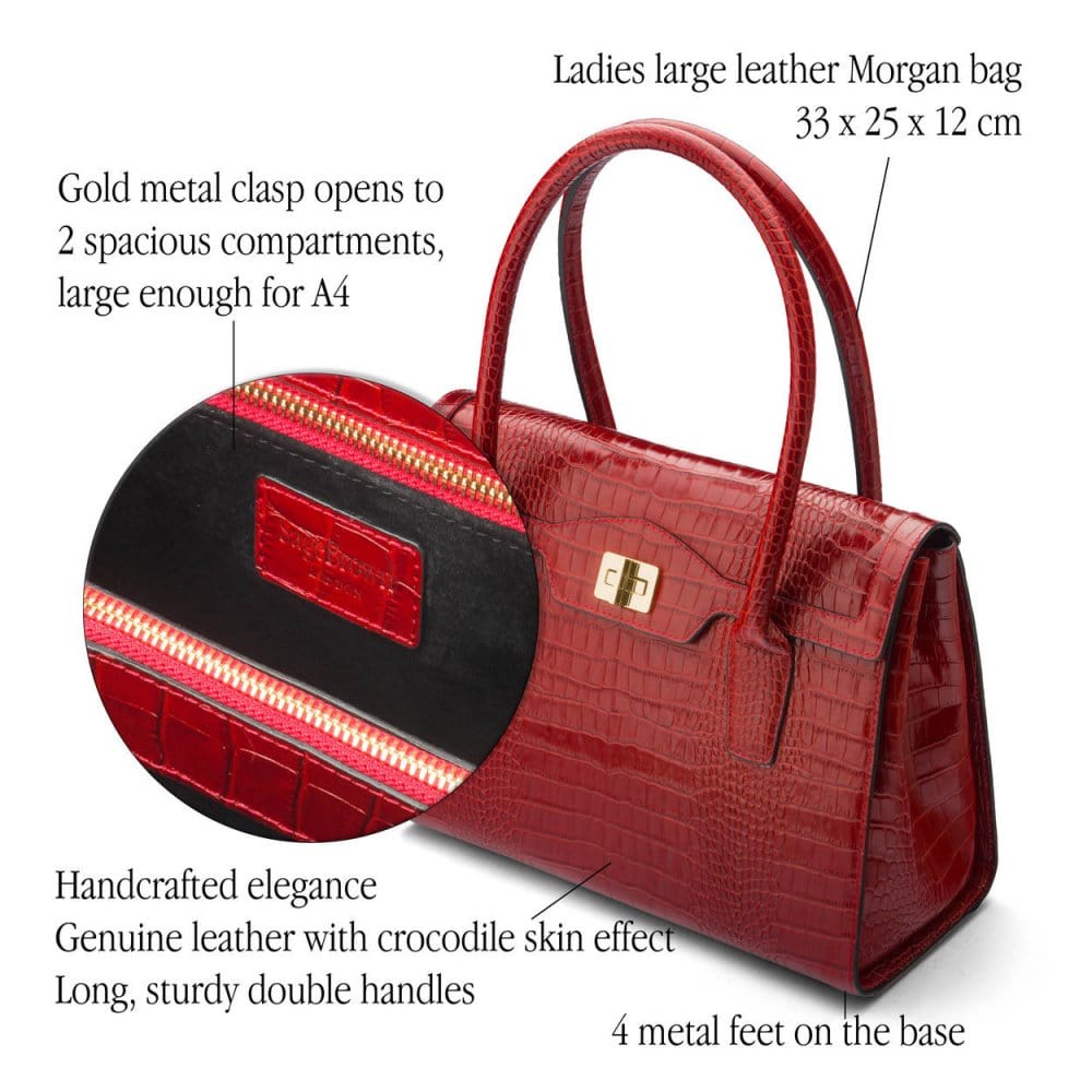 Large leather Morgan bag, red croc, features