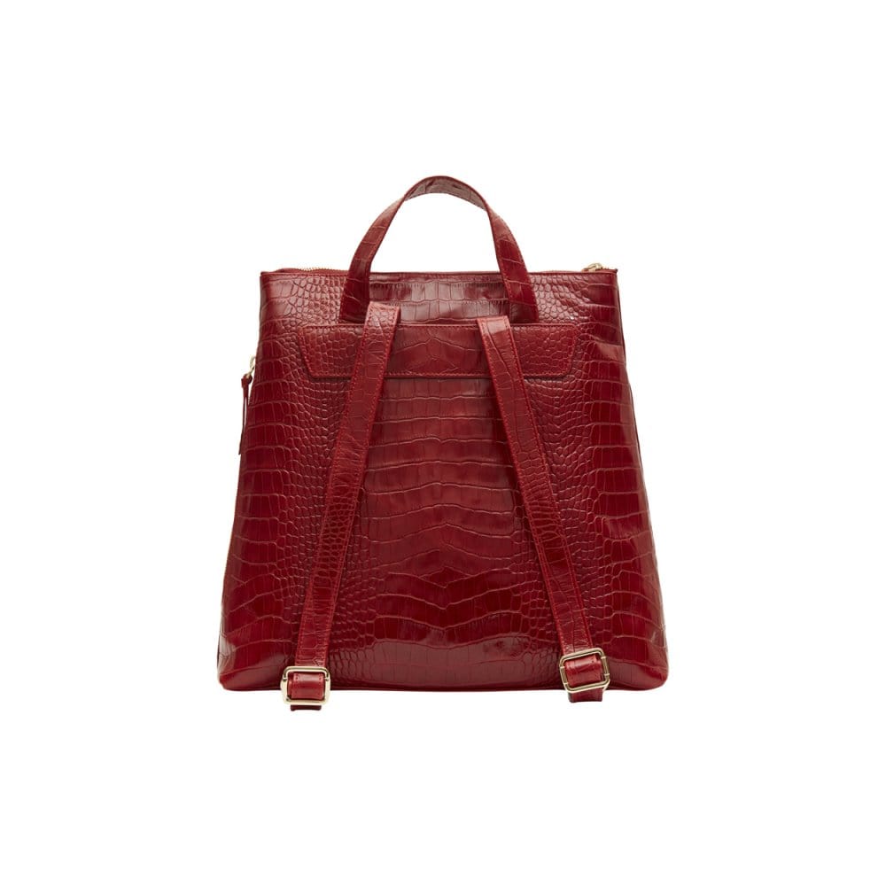 Leather 13" laptop backpack, red croc, back view