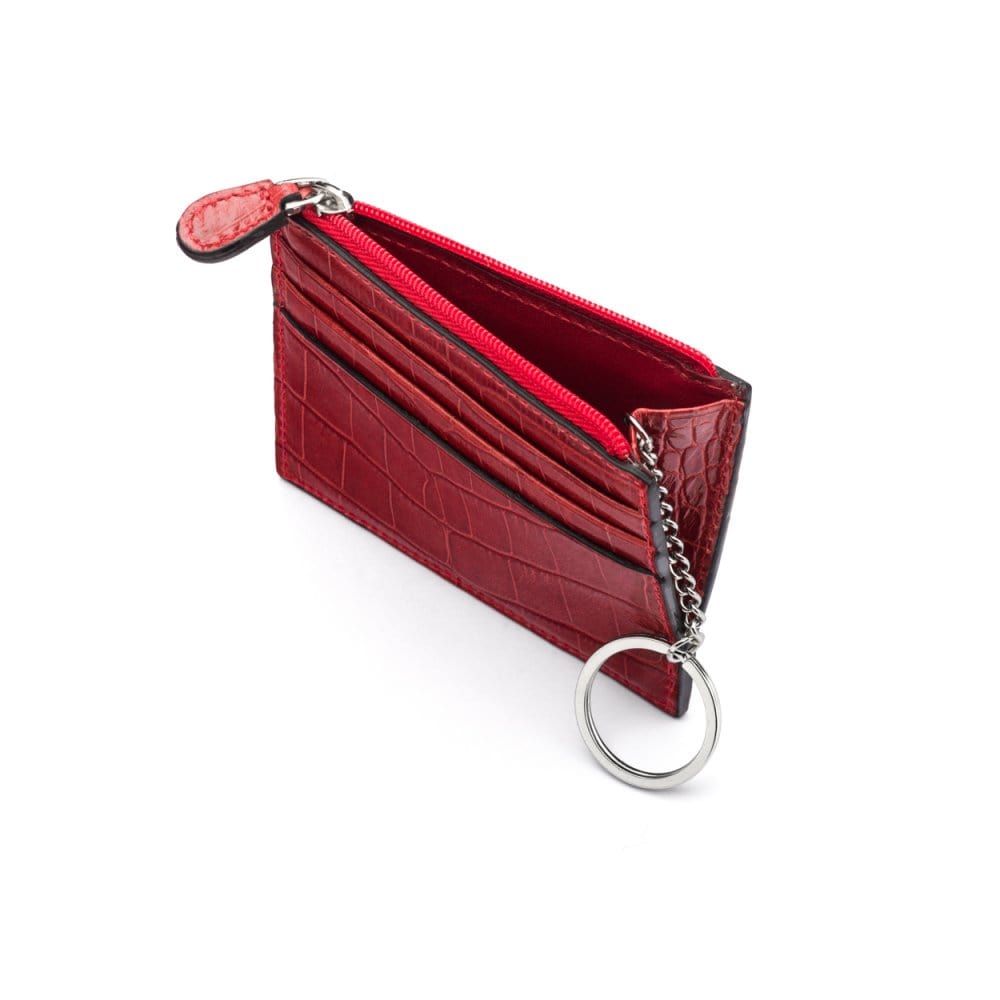 Leather card case with zip coin purse and key chain, red croc, open