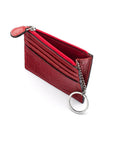 Leather card case with zip coin purse and key chain, red croc, open