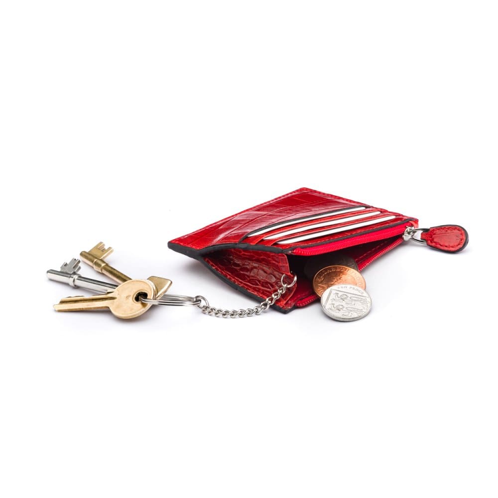 Leather card case with zip coin purse and key chain, red croc, inside