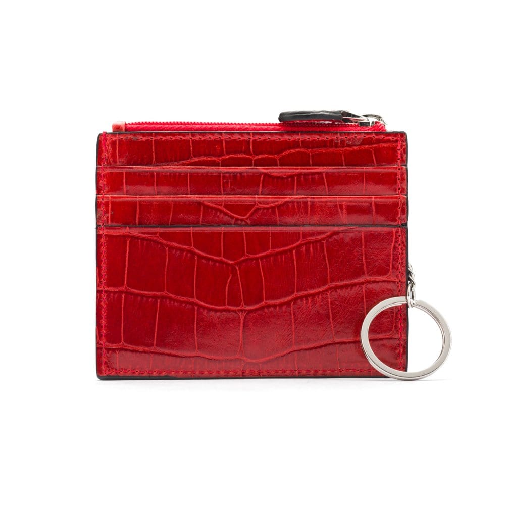 Leather card case with zip coin purse and key chain, red croc, front